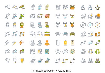 Set vector line icons in flat design smart city and technology with elements for mobile concepts and web apps. Collection modern infographic logo and pictogram.