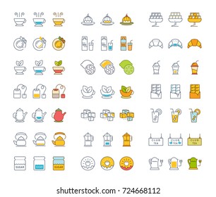 Set vector line icons in flat design tea and breakfast with elements for mobile concepts and web apps. Collection modern infographic logo and pictogram.