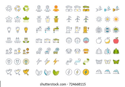 Set vector line icons in flat design recycling, eco, bio, clean energy, save water and world with elements for mobile concepts and web apps. Collection modern infographic logo and pictogram.