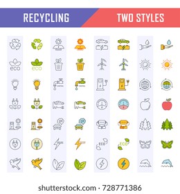 Set vector line icons in flat design recycling, eco, bio, clean energy, save water and world with elements for mobile concepts and web apps. Collection modern infographic logo and pictogram.