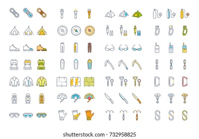 Set vector line icons in flat design of alpinism and mountaineering with elements for mobile concepts and web apps. Collection modern infographic logo and pictogram.