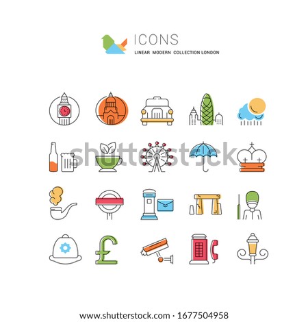 Set vector line icons in flat design London and England with elements for mobile concepts and web apps. Collection modern infographic logo and pictogram.