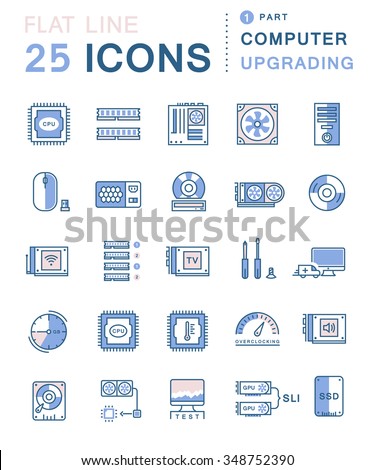 Set vector line icons in flat design upgrading computer and hardware, overclocking, cooling, test cpu and gpu with elements for mobile concepts and web apps. Collection modern infographic logo