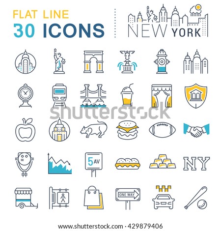 Set vector line icons in flat design New York and USA with elements for mobile concepts and web apps. Collection modern infographic logo and pictogram.