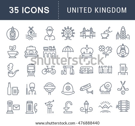 Set vector line icons in flat design United Kingdom, England, Ireland and Scotland with elements for mobile concepts and web apps. Collection modern infographic logo and pictogram.