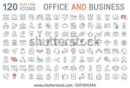 Set vector line icons in flat design office and business with elements for mobile concepts and web apps. Collection modern infographic logo and pictogram.