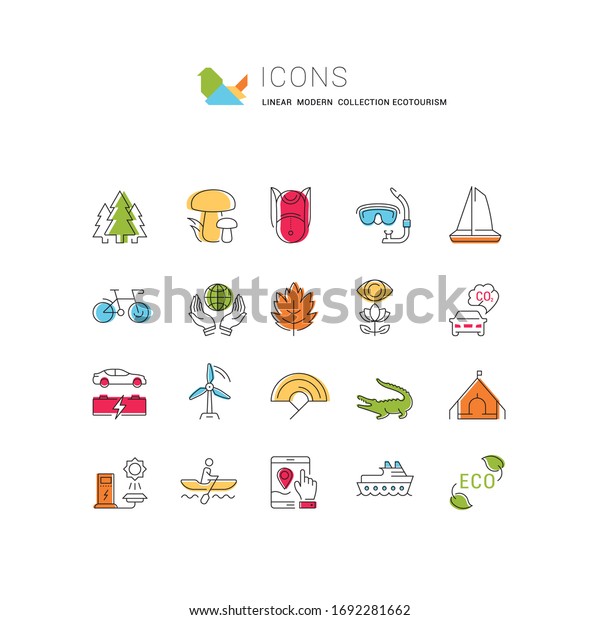 Set vector line icons in
flat design eco, ecotourism and recycle with elements for mobile
concepts and web apps. Collection modern infographic logo and
pictogram.