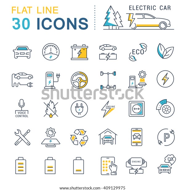 Set vector line icons in\
flat design electric cars and eco transport with elements for\
mobile concepts and web apps. Collection modern infographic logo\
and pictogram.