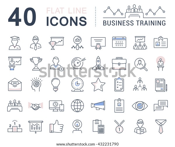 Set vector line icons in flat design business\
training and development, training course, business meeting with\
elements for mobile concepts and web apps. Collection modern\
infographic logo and sign.