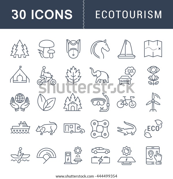 Set vector line icons in\
flat design eco, ecotourism and recycle with elements for mobile\
concepts and web apps. Collection modern infographic logo and\
pictogram.