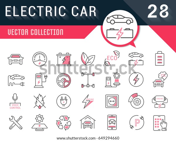 Set vector line icons in\
flat design electric cars and eco transport with elements for\
mobile concepts and web apps. Collection modern infographic logo\
and pictogram.