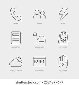 Set of Vector Line Icons for Flight Gate, Volunteer, Phone and more. Editable collection of 9 Airline Outline Icons.