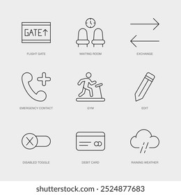 Conjunto de iconos de línea de Vector para puerta de vuelo, sala de espera, intercambio y más. Colección editable de 9 iconos de líneas aéreas.