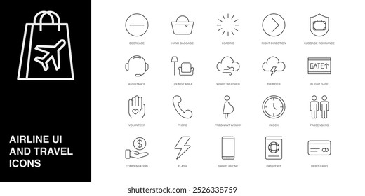 Set of Vector Line Icons for Flight Gate, Volunteer, Phone and more. Editable collection of 20 Airline Outline Icons.