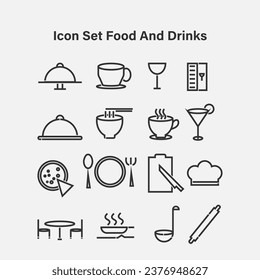 Conjunto de iconos vectoriales de comida y bebida. Trazo editable.