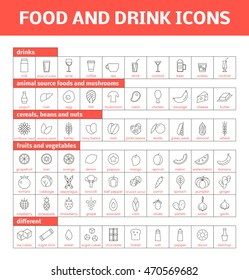 Set of vector line icons of food and drink