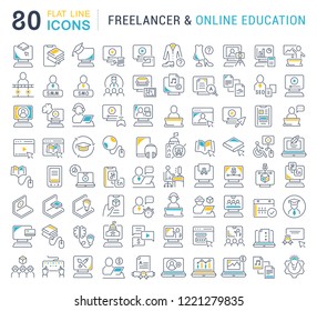 Set of vector line icons of freelancer and online education for modern concepts, web and apps.