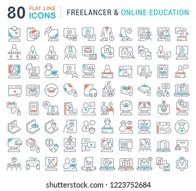 Set of vector line icons of freelancer and online education for modern concepts, web and apps.