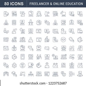 Set of vector line icons of freelancer and online education for modern concepts, web and apps.