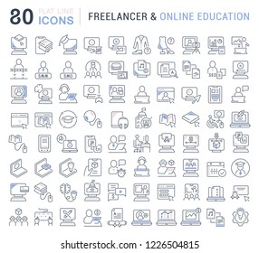 Set of vector line icons of freelancer and online education for modern concepts, web and apps.