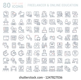 Set of vector line icons of freelancer and online education for modern concepts, web and apps.