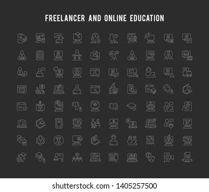 Set of vector line icons of freelancer and online education for modern concepts, web and apps.