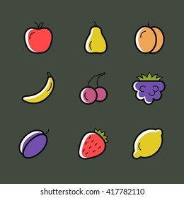 Set of vector line icons of fruits on a dark background
