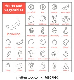 Set of vector line icons of fruits and vegetables