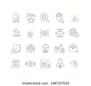 Set of vector line icons of GDPR with color element