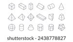 Set of vector line icons of geometric shapes. Cube, sphere, cone, cylinder, pyramid and other 3d geometrical figures. Outline signs