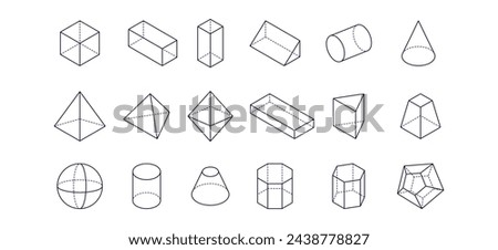 Set of vector line icons of geometric shapes. Cube, sphere, cone, cylinder, pyramid and other 3d geometrical figures. Outline signs