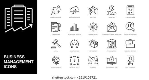 Set of Vector Line Icons for Global Company, Financial Goals, Hate Free and more. Collection of 20 Business Management App Outline Icons.