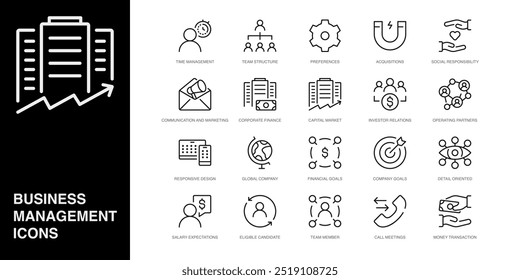 Set of Vector Line Icons for Global Company, Financial Goals, Company Goals and more. Collection of 20  Business Management App Outline Icons.