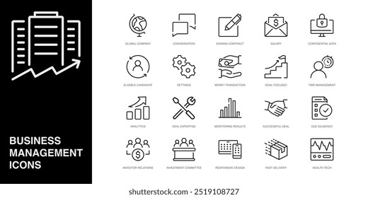 Conjunto de iconos de línea de Vector para la empresa global, conversación, firma de contrato y más. Colección de 20 iconos de esquema de App de gestión empresarial.
