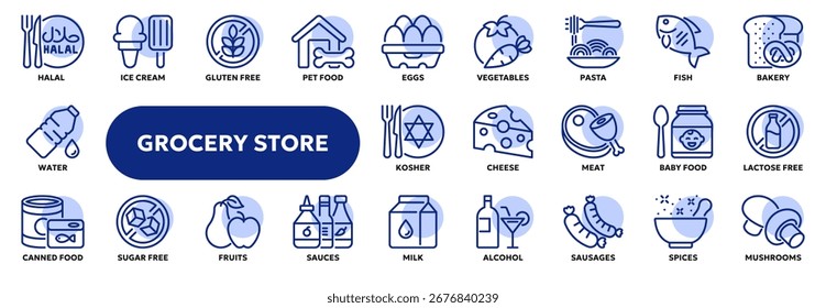 Conjunto de ícones de linha de vetor de itens de alimentos de supermercado, como carne, leite, frutos do mar, pão e outros. Símbolos para a interface do usuário do site ou do aplicativo, design do logotipo, ilustração