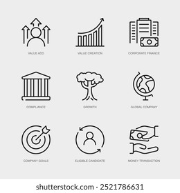 Set of Vector Line Icons for Growth, Global Company, Company Goals and more. Collection of 9 Business Management App Outline Icons.