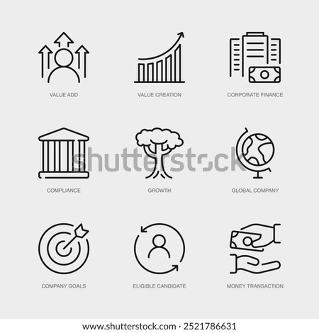 Set of Vector Line Icons for Growth, Global Company, Company Goals and more. Collection of 9 Business Management App Outline Icons.
