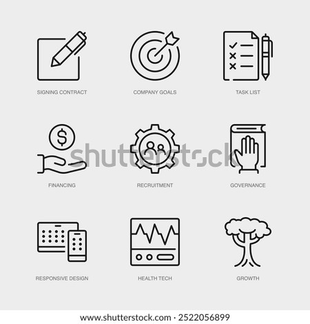 Set of Vector Line Icons for Growth, Signing Contract, Company Goals and more. Collection of 9 Business Management App Outline Icons.