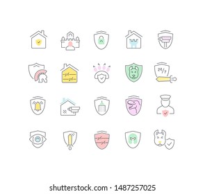 Set of vector line icons of guard company with color elements