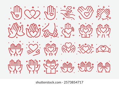 Set of vector line icons of hands and hearts. Icons for web and mobile applications.