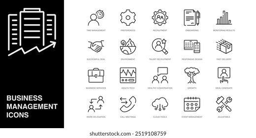 Conjunto de ícones de linha vetorial para conversas saudáveis, crescimento, candidato ideal e muito mais. Coleção de 20 Ícones de Estrutura de Tópicos de Aplicativo de Gerenciamento de Negócios.