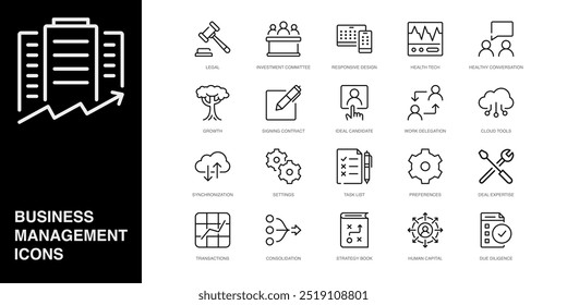 Set von Vektorlinien-Symbolen für gesunde Unterhaltung, Wachstum, Vertragsunterzeichnung und mehr. Sammlung von 20 Business Management App Outline Icons.