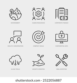 Set of Vector Line Icons for Healthy Conversation, Company Goals, Confidential Data and more. Collection of 9 Business Management App Outline Icons.