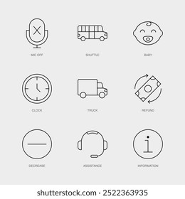 Conjunto de iconos de línea de Vector para información, Mic Off, Shuttle y más. Colección editable de 9 iconos de líneas aéreas.