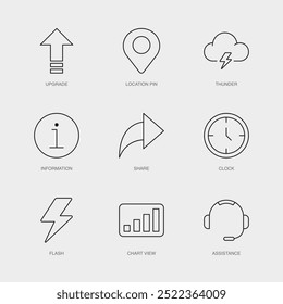 Conjunto de ícones de linha de vetor para informações, compartilhamento, relógio e muito mais. Coleção editável de 9 ícones de contorno de linha aérea.
