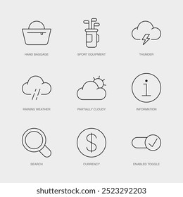 Set of Vector Line Icons for Information, Search, Currency and more. Editable collection of 9 Airline Outline Icons.