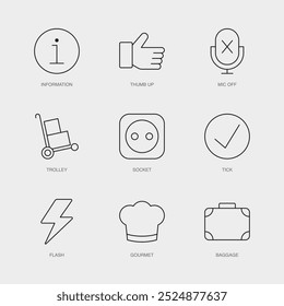 Conjunto de iconos de línea de Vector para información, pulgar hacia arriba, micrófono apagado y más. Colección editable de 9 iconos de líneas aéreas.