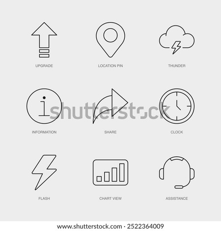 Set of Vector Line Icons for Information, Share, Clock and more. Editable collection of 9 Airline Outline Icons.