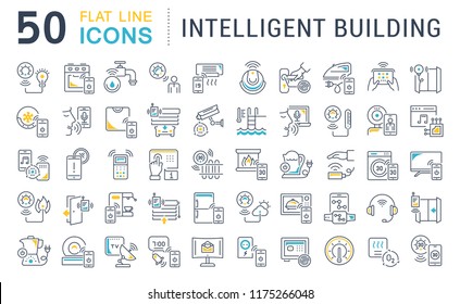 Set of vector line icons of intelligent building for modern concepts, web and apps.