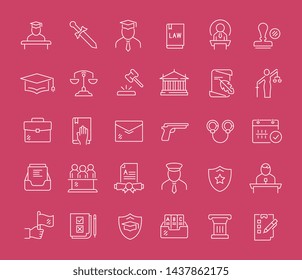 Set of vector line icons of jurisprudence for modern concepts, web and apps.